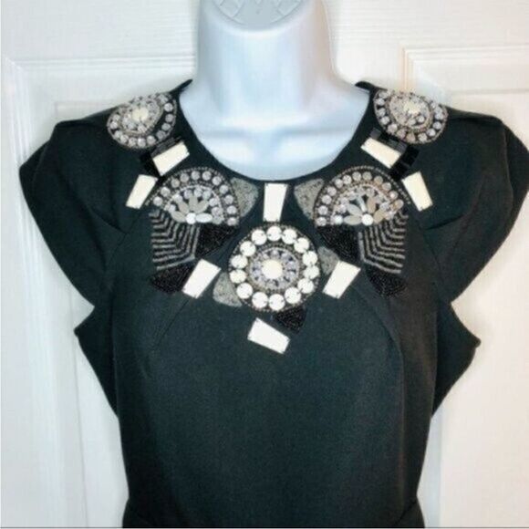 bebe Black Mini Sheath Dress Cap Sleeves Embellished Beaded Yoke Cocktail XXS - Picture 2 of 9